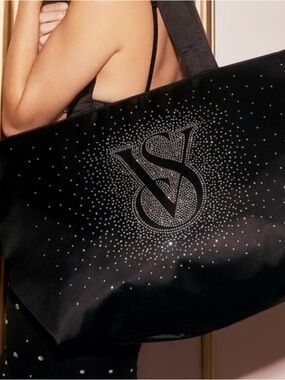 Victoria’s Secret Rhinestone Shine Tote Black Satin Weekender Y2K Glam Bag